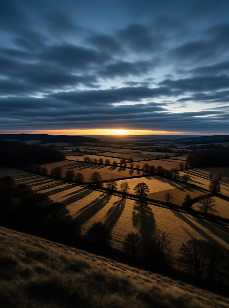 A moody sunset lights rolling farmland where scattered bare trees cast long shadows across golden fields.