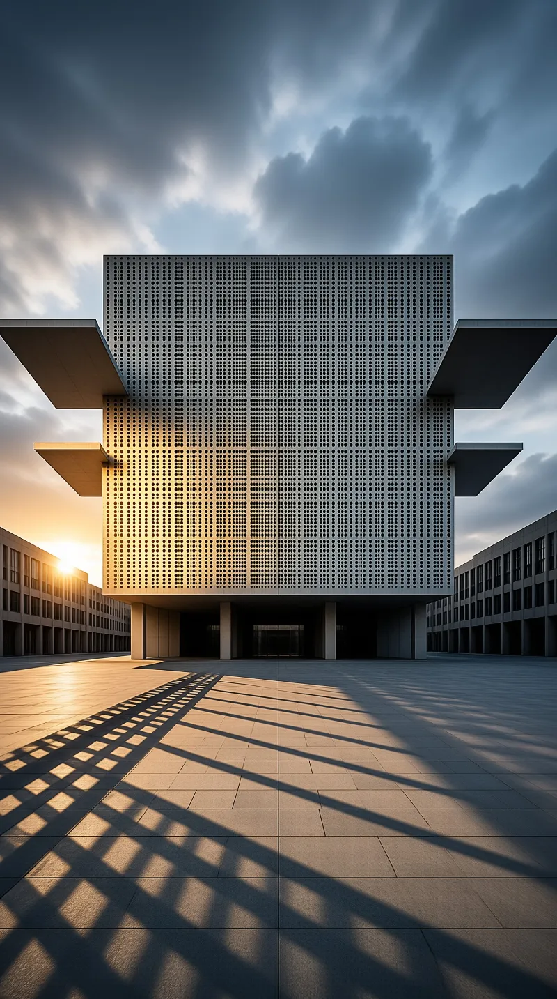 A modern building with a perforated facade stands in an open plaza as the sun sets, casting intricate shadows across the pavement.