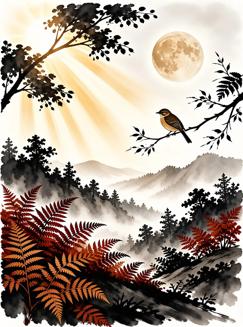 A small bird rests on a branch above misty mountains, framed by tree silhouettes, rust ferns, sun rays and a full moon.