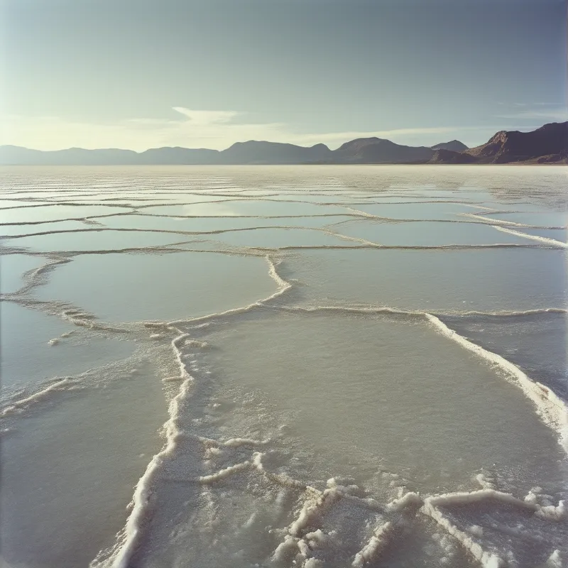A vast salt flat with intricate water channels stretches toward distant mountains under a pale blue sky