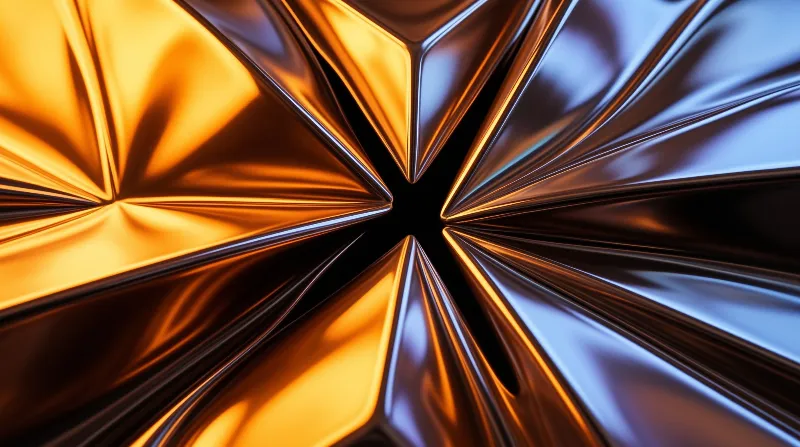 Close-up of reflective metal petals converging into a dark void with warm orange and cool blue highlights.