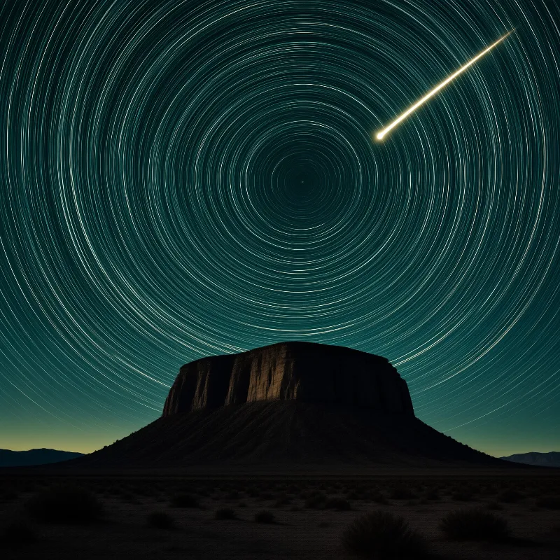A dark silhouette of a flat topped mountain rises from the desert floor while a vast night sky displays concentric circles of light and a single shooting star streaking diagonally across the upper right quadrant of the deep teal atmosphere.