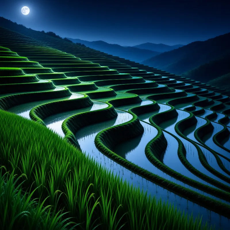 Curved green rice paddies filled with still water mirror a bright moon over misty mountain ridges.