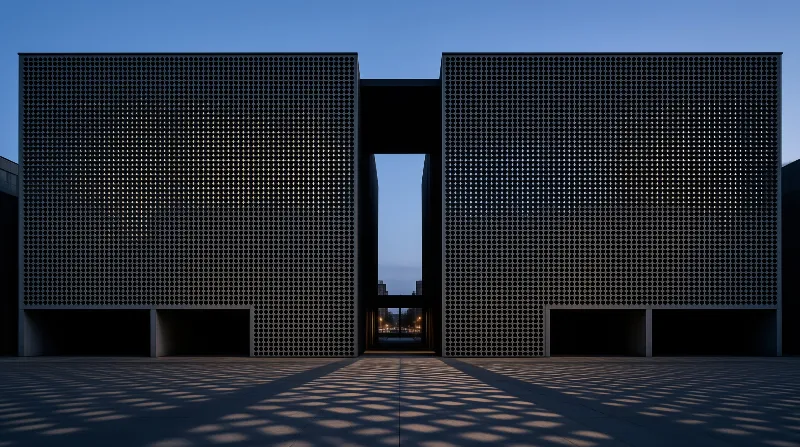 Two dark volumes clad in dotted metal screens frame a narrow opening onto a deep blue twilight sky.