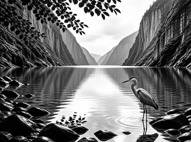A large wading bird stands in calm black and white water surrounded by towering mountain walls.