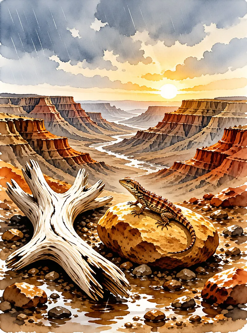 A lizard rests on a smooth stone in a desert canyon where a river winds through arid cliffs under a rainy sky.