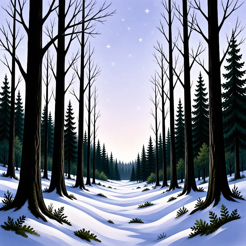 A snowy forest valley stretches toward a starry twilight sky framed by tall dark tree trunks.