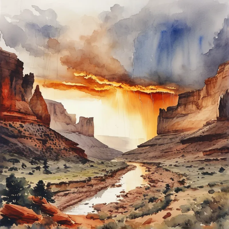 Watercolor painting of a canyon with a river winding through red rocks under dark clouds and bright orange sunlight.