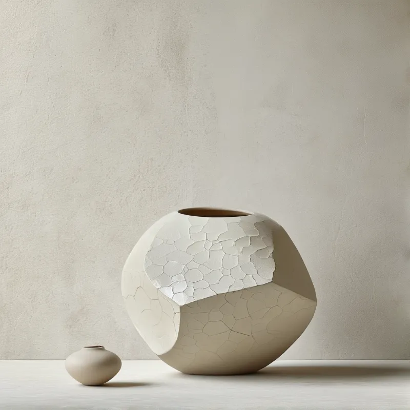 Two ceramic vases, one with a cracked mosaic texture and the other smooth, sit against a textured wall in soft light.
