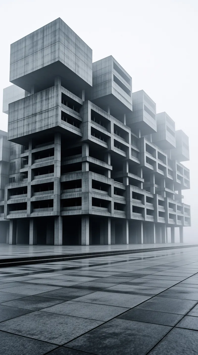 A massive grey concrete building with stacked geometric shapes stands on a wet paved plaza surrounded by white fog.