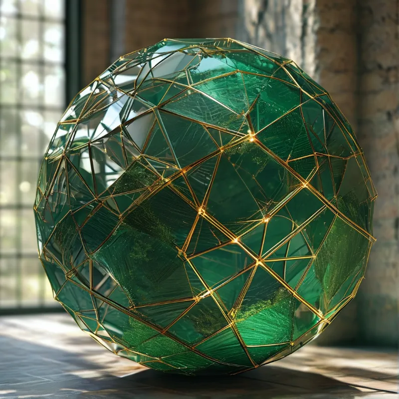 An emerald glass globe held in a brass wire lattice rests on a table beside a bright window.