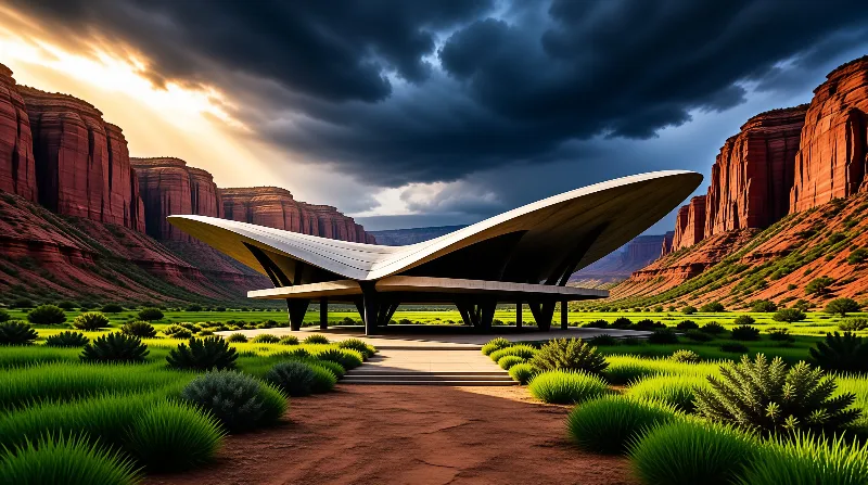 A white curved building sits in a green valley surrounded by red cliffs under a dramatic cloudy sky with breaking sunlight.
