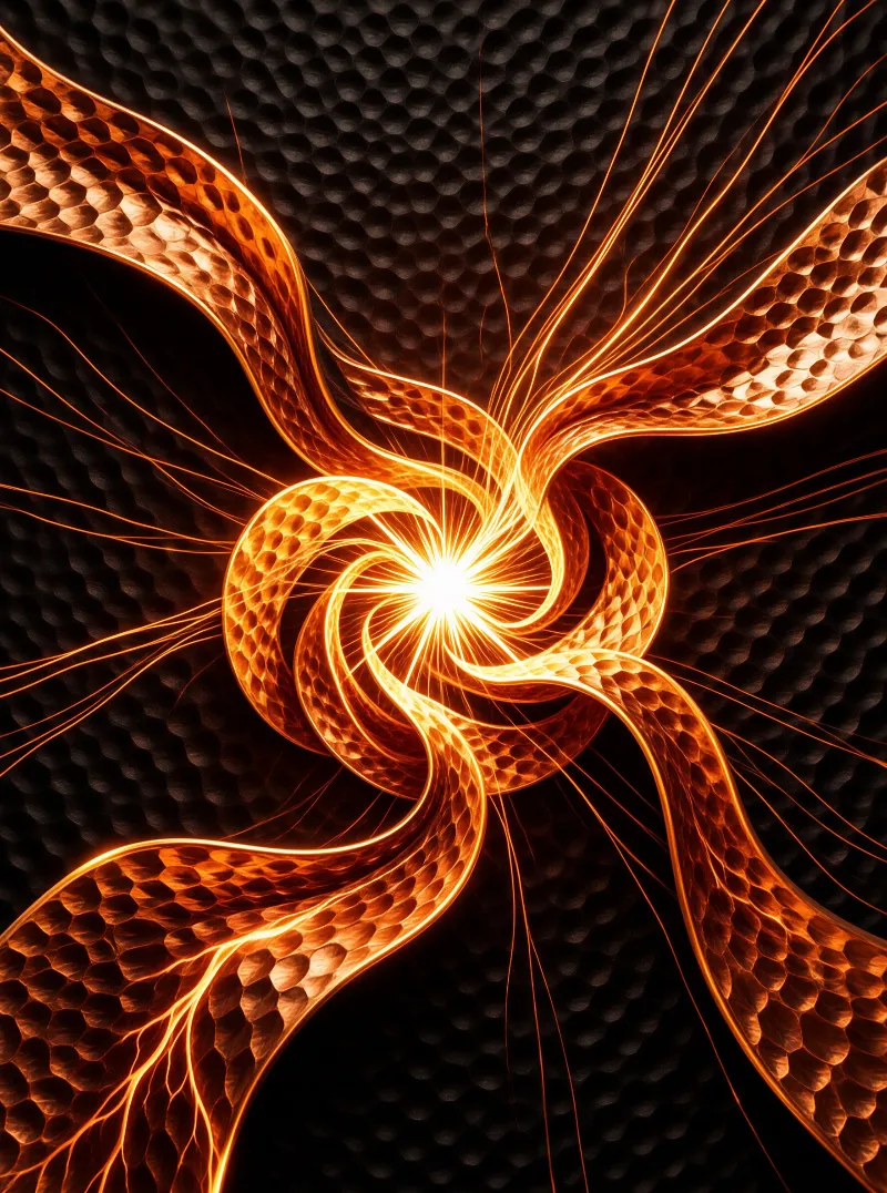 Amber bands with a hammered scale texture spiral out from a blazing white spark against dark embossed metal.
