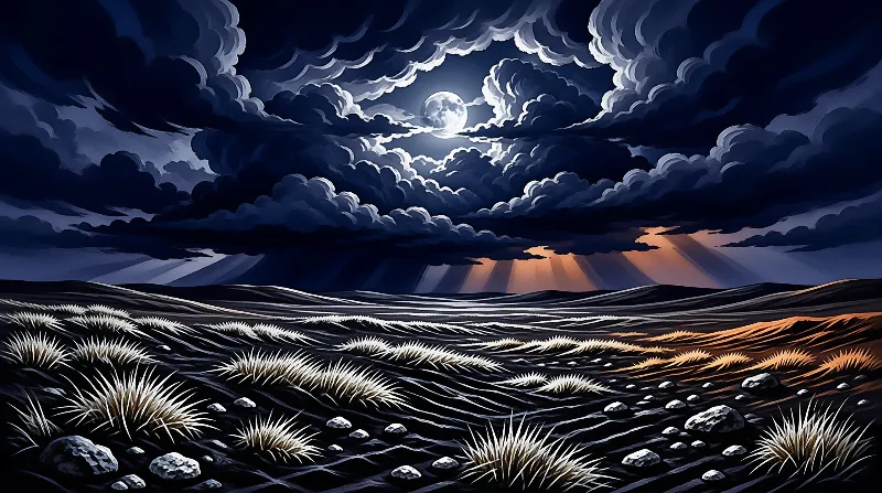 A turbulent night sky glows around the moon while warm light spills across windswept grass and dark rolling hills.