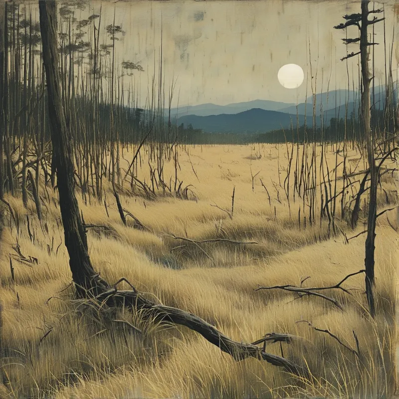 A weathered vintage painting of golden grassland with bare dead trees, blue mountain layers and a white moon in a cream sky.