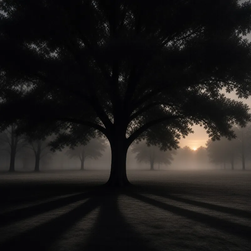 A large dark tree stands in a foggy field while warm sunlight glows on the distant horizon behind the mist.