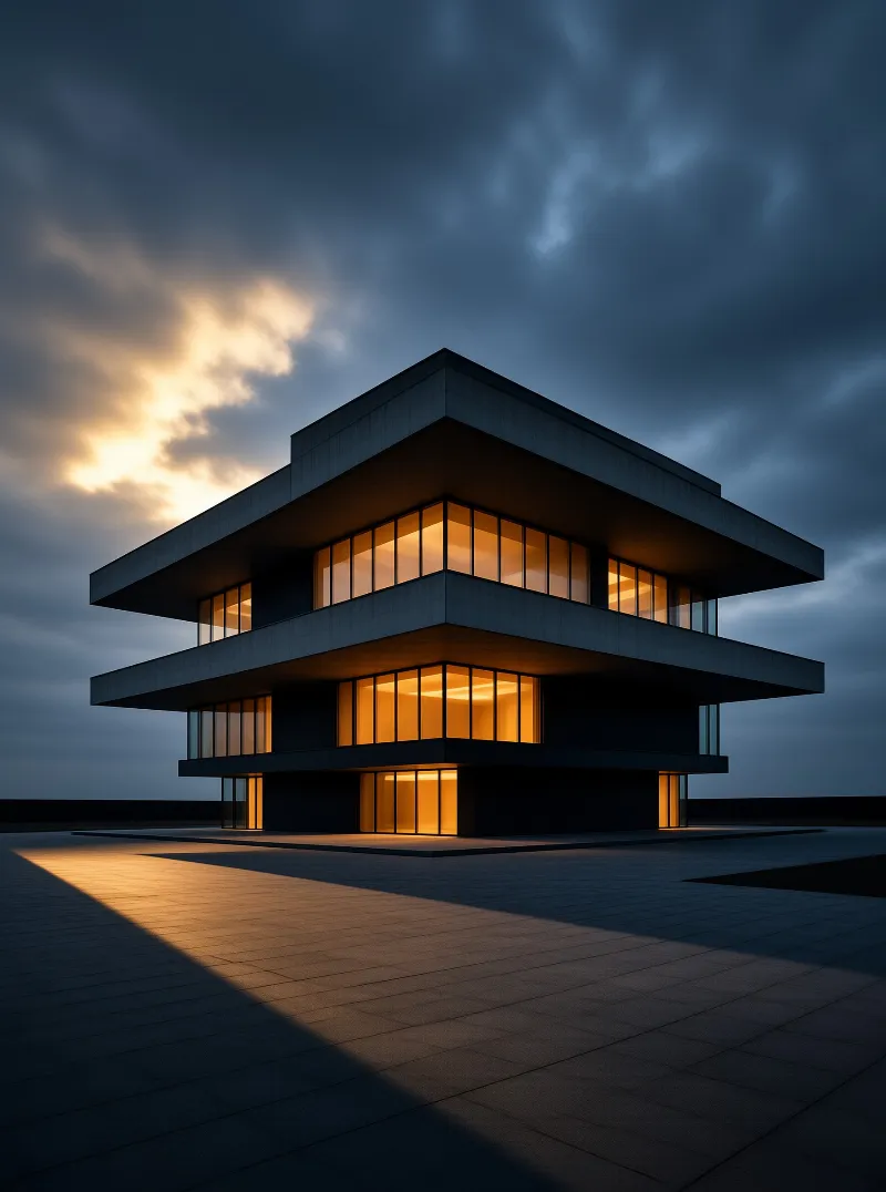A modern multi-story building with warm glowing windows sits on a tiled plaza beneath a dramatic sunset sky with dark clouds.