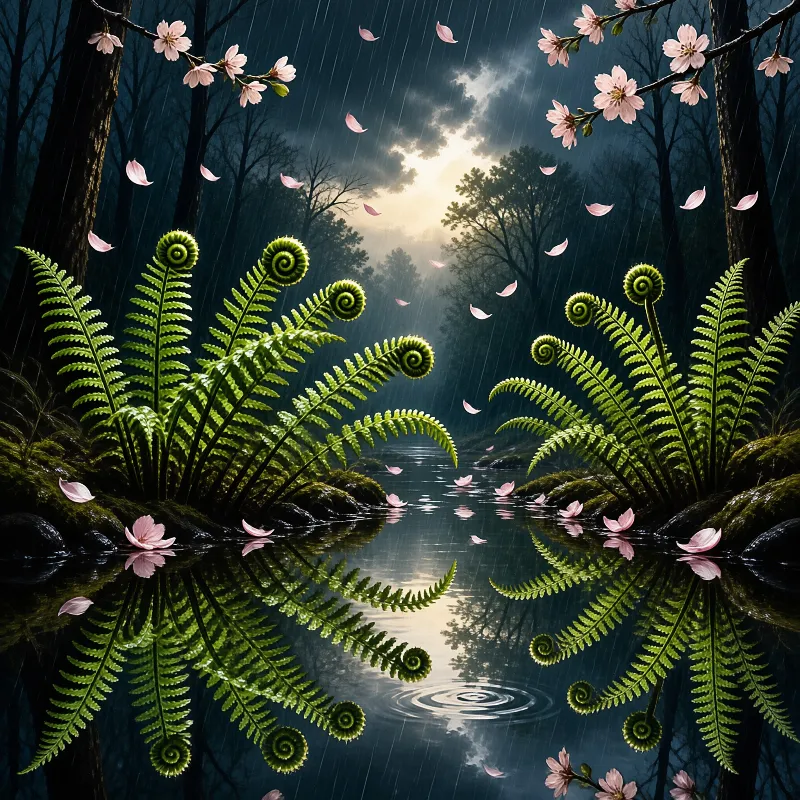 Large ferns flank a reflective forest stream while pink cherry blossom petals drift through the rain under a bright moon.