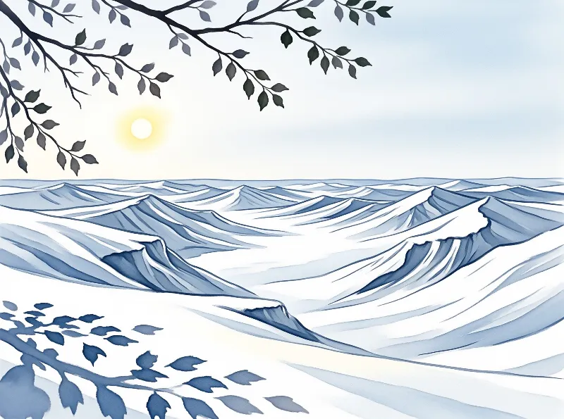 Stylized blue rolling hills stretch toward the horizon beneath a pale yellow sun framed by dark leafy tree branches.