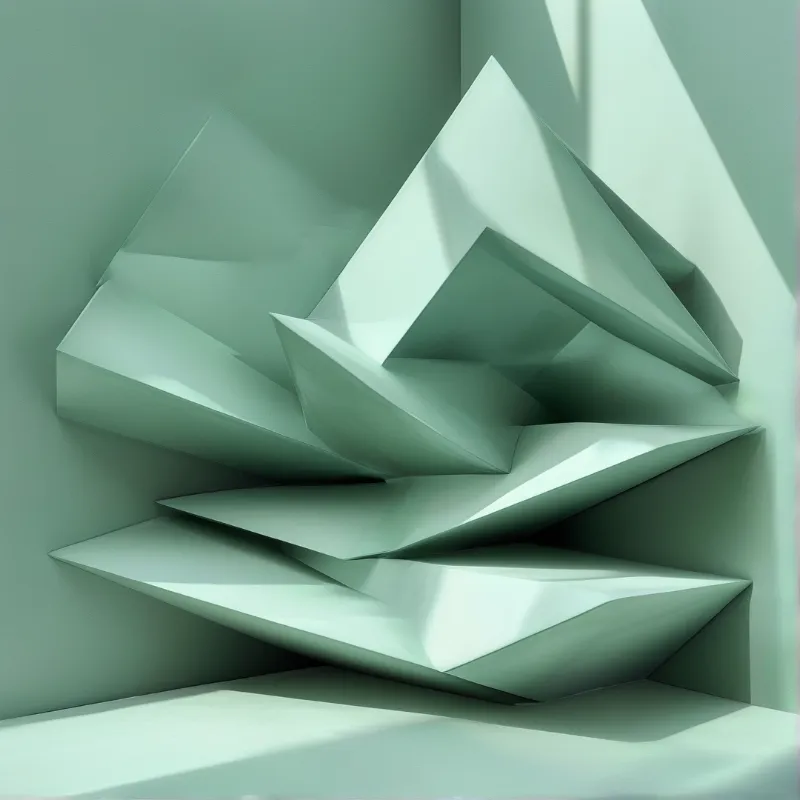 Angular mint green layers form a three-dimensional corner artwork illuminated by directional lighting.