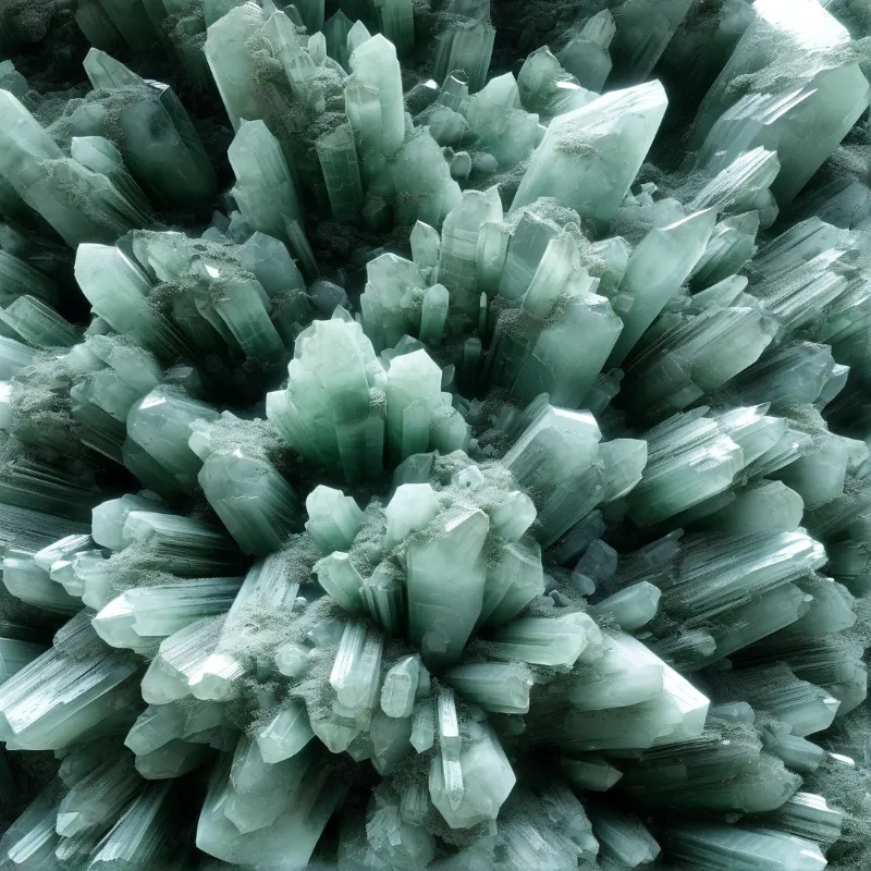 A close-up view of pale teal quartz formations projecting from dark rough stone with glossy highlights emphasizing their geometric facets