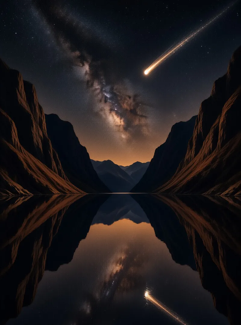 A bright meteor trails through the starry sky above a dark valley with reflections in the calm lake water below.