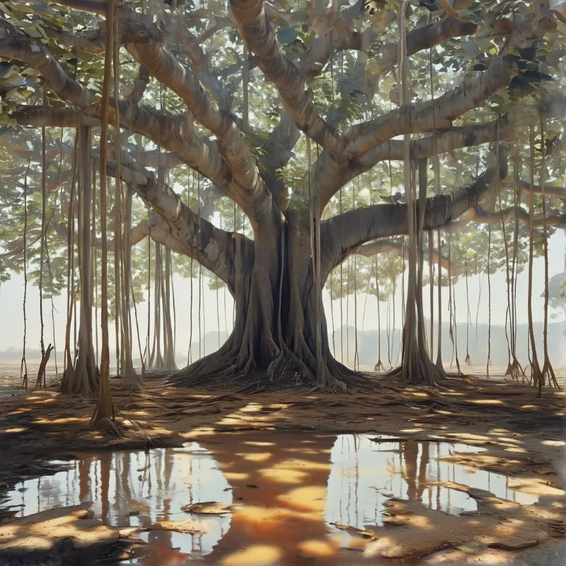 Giant banyan tree with hanging aerial roots standing on dusty ground near a reflective puddle under soft sunlight