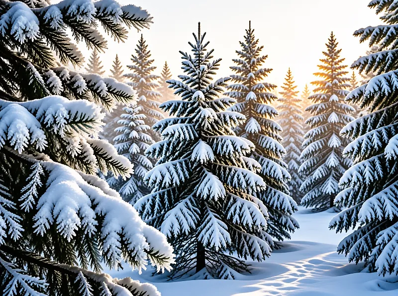 Sunlit Winter Pine Forest