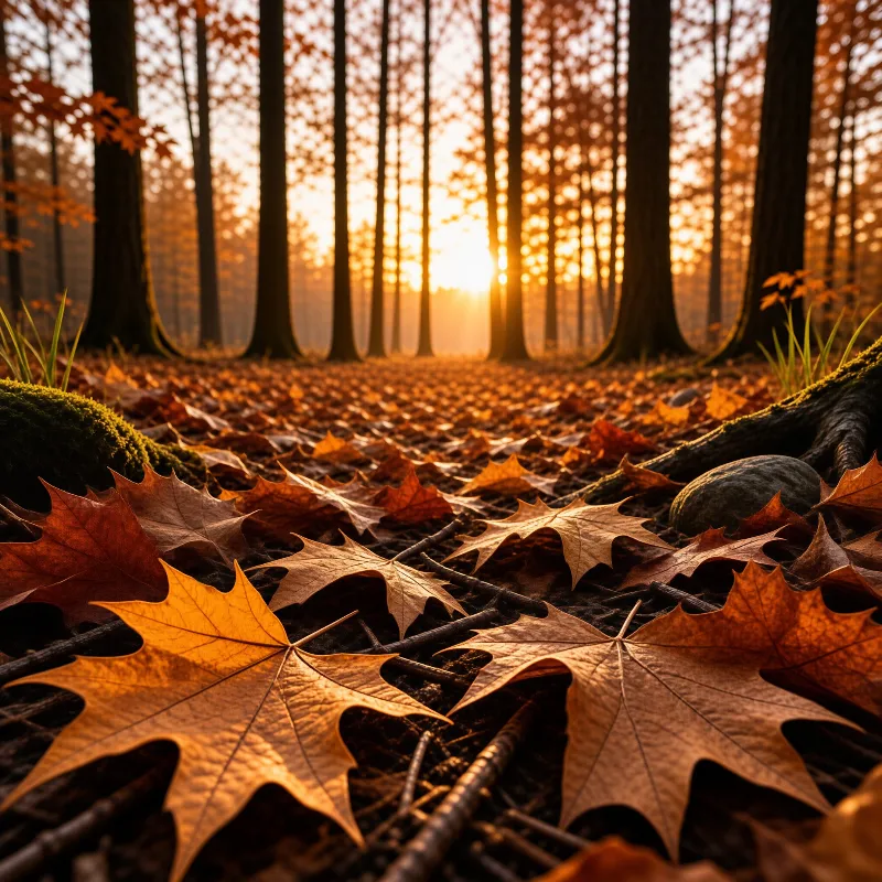 Scattered brown leaves lie on the forest ground with tall trees silhouetted against a bright glowing horizon.