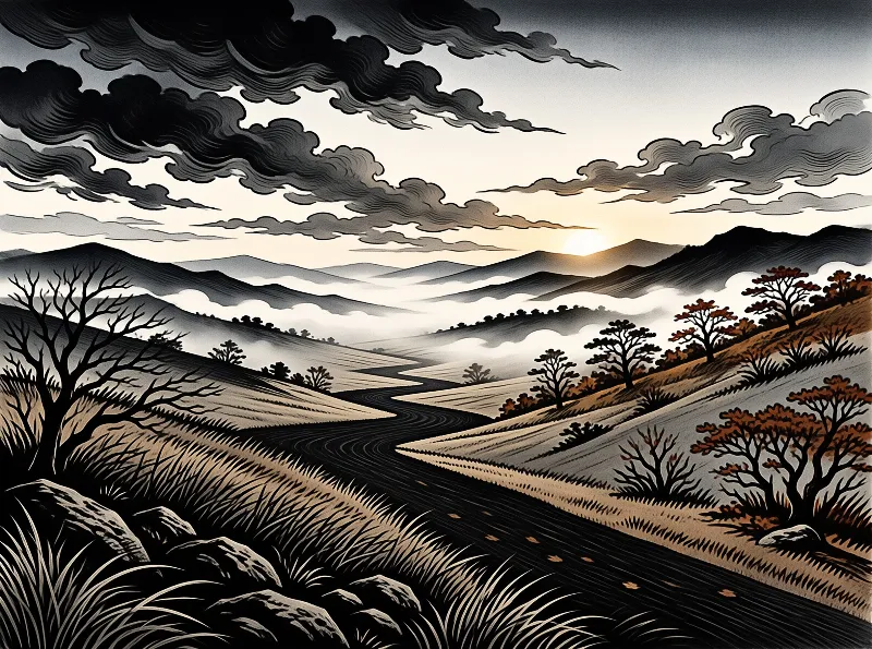 A winding road cuts through autumn mountains under a dramatic sky with scattered clouds and a setting sun casting warm light.