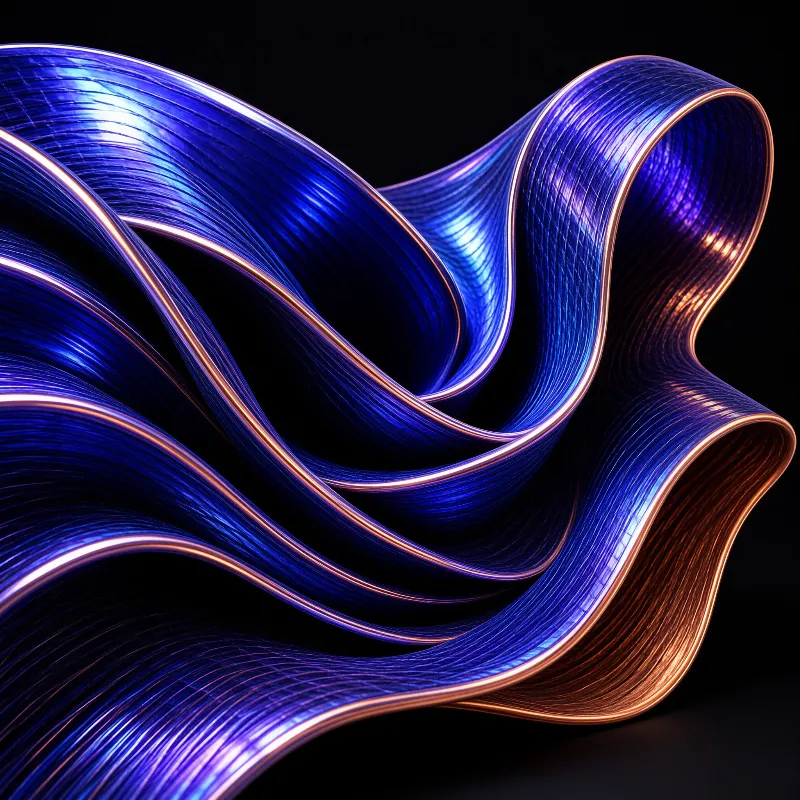 Wavy blue metallic forms with copper edges twist dynamically against a solid black void highlighting their textured surface
