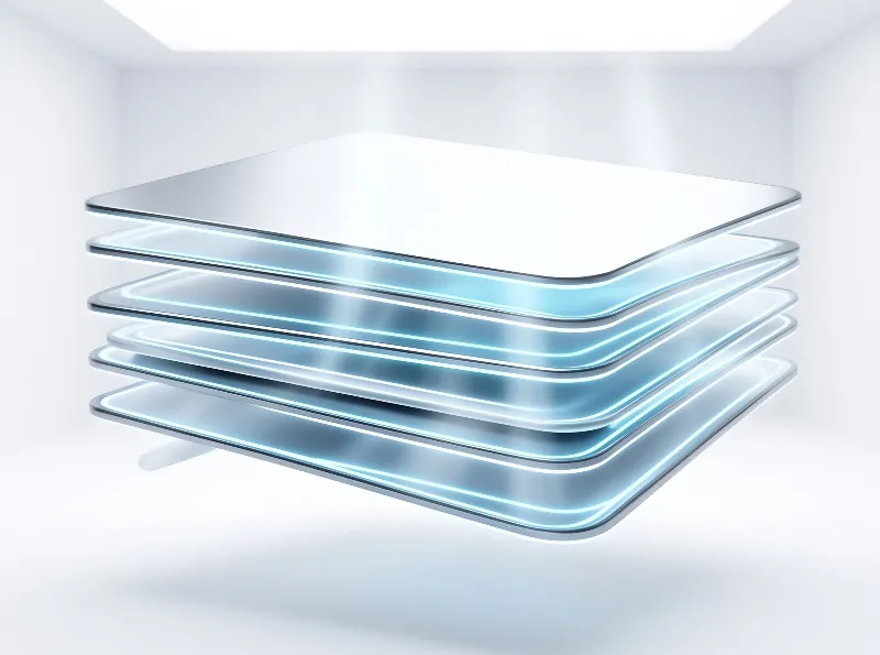 Translucent rectangular glass panels float in a bright white room, separated by glowing blue neon edges.