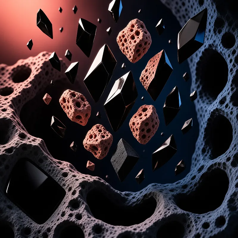 Porous pink rock fragments and dark crystal shards float in a cavern with warm orange light at upper left