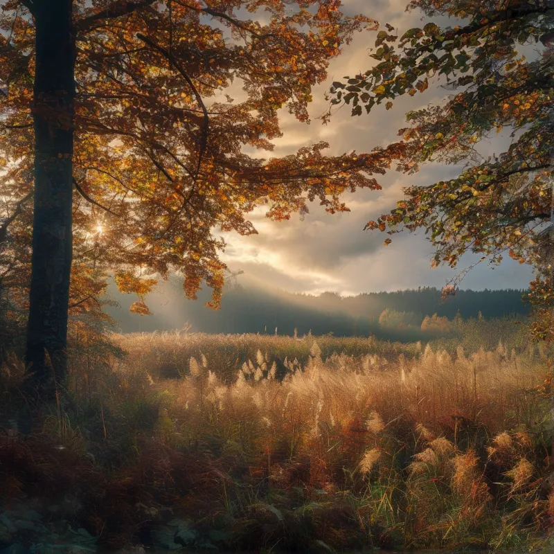 Orange foliage frames a field of grasses bathed in rays streaming from clouds above a distant green hillside.