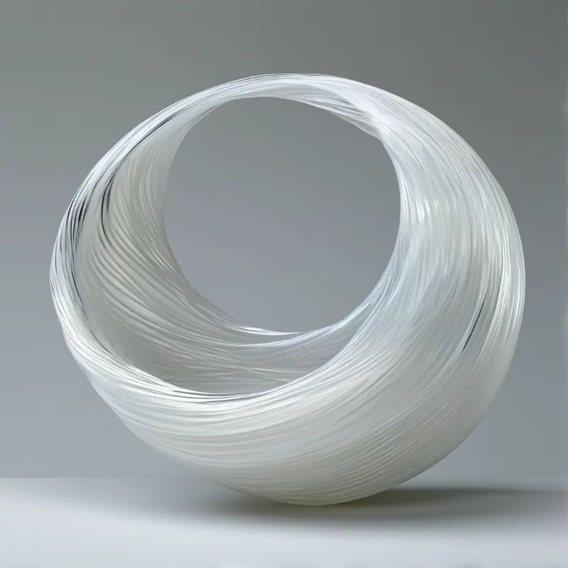A translucent white ring with fine parallel striations rests on a flat surface against a plain gray backdrop