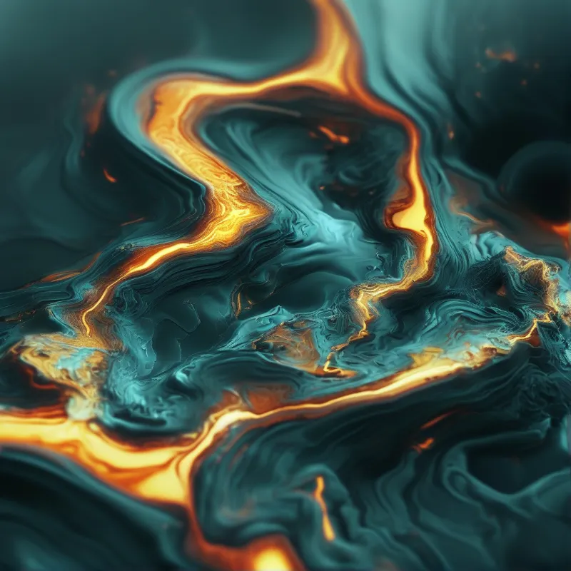 Bright orange and yellow fluid streams weave through a deep teal background creating a smooth liquid metal texture.