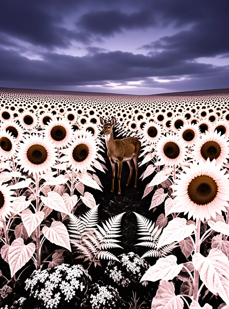 A lone deer stands surrounded by an endless field of pink-toned sunflowers under a heavy dark purple sky.