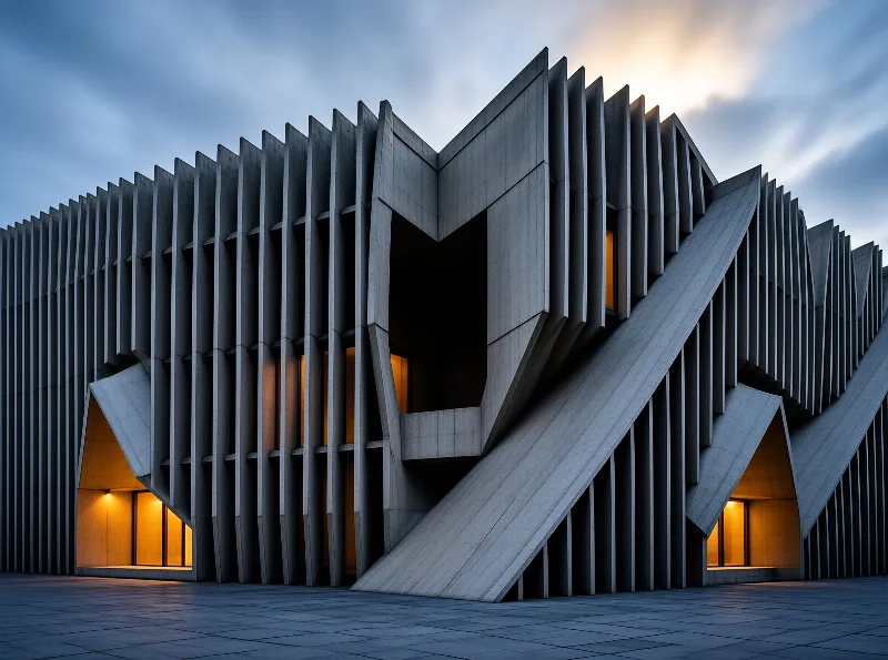 Geometric concrete architecture displays sharp vertical forms and glowing windows under a cloudy evening sky.