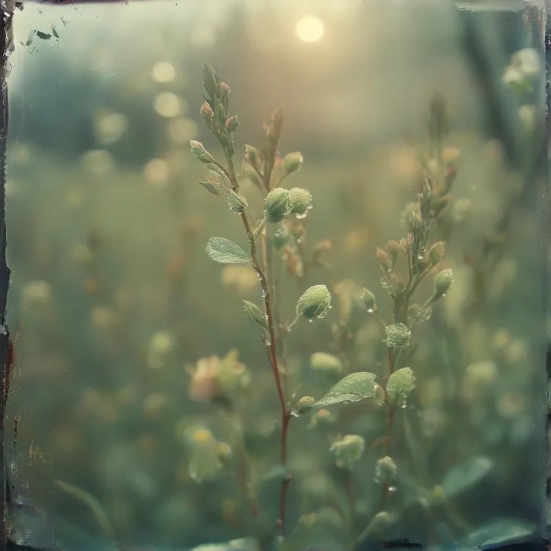 A dreamy botanical study shows tiny green pods heavy with morning dew against a hazy sunlit meadow.