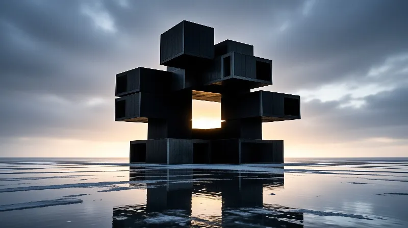 A dark cubic structure stands isolated in a vast reflective flat while sunlight shines through its core.