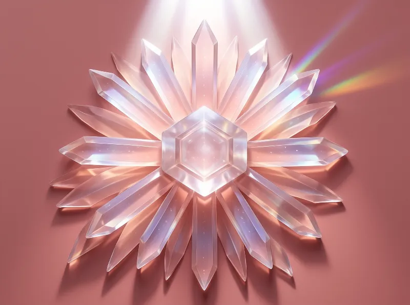 A translucent crystal snowflake with a hexagonal center radiates on a pink surface under light that casts a rainbow streak.
