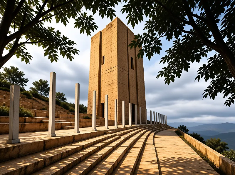 A stone monument with vertical slabs stands behind steps lined with columns framed by trees under a partly cloudy sky