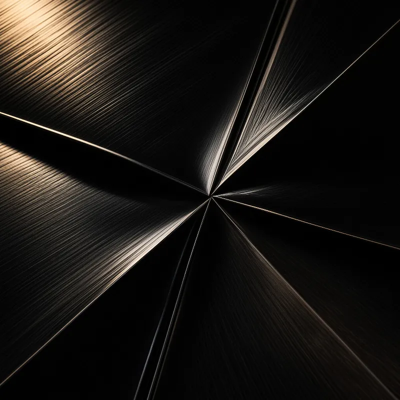 Abstract geometric surfaces where linear textures converge toward a central point illuminated by warm metallic highlights