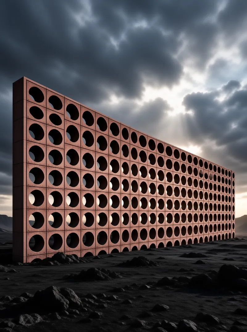 A long wall of perforated blocks stands on a dark rocky ground as bright sunlight pierces through the storm clouds above.