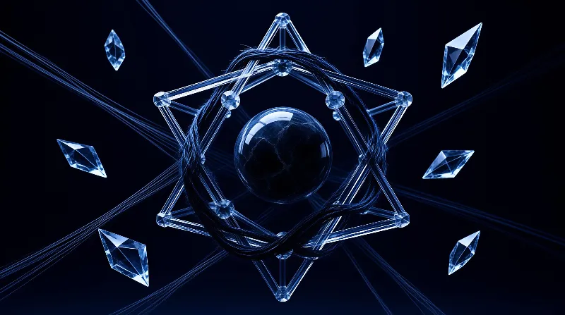 A translucent geometric star sculpture cradles a dark glass sphere amid floating crystal shards on a deep blue field