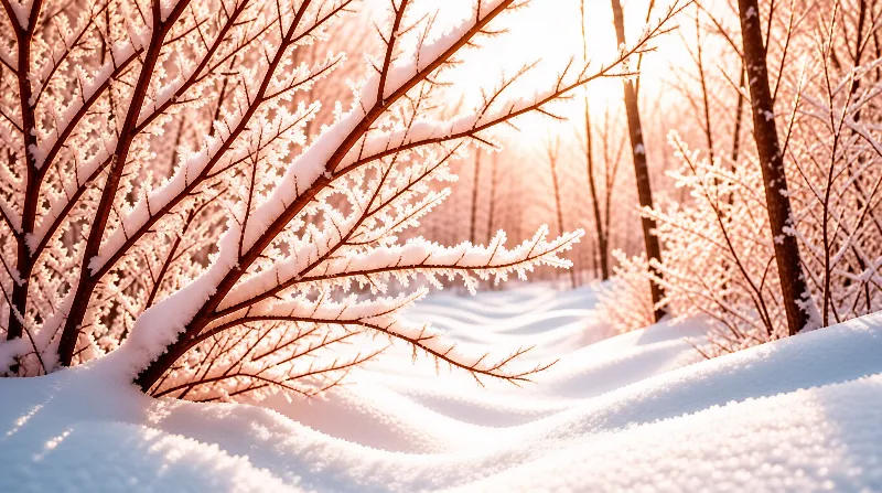 Winter forest branches covered in snow glow under warm golden sunlight filtering through trees creating a serene scene.