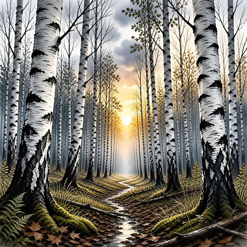 A leaf covered path winds through a dense birch forest toward a bright sunrise on the horizon.