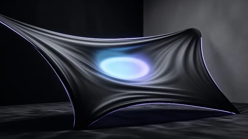 Sleek black structure with a glowing blue oval centered in its curves, on a dark textured surface in a dim setting.