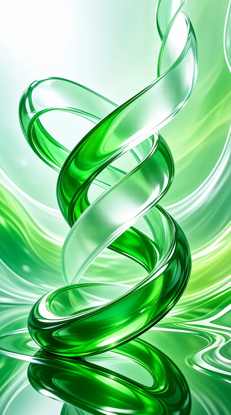 Green translucent tubes intertwine vertically against a swirling light gradient with bright highlights.