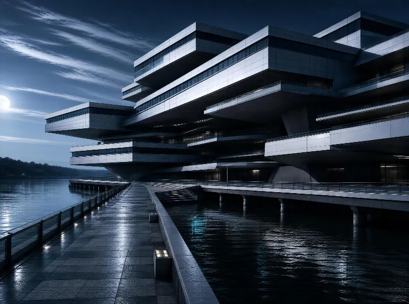 A modern, multi-level concrete building stands by the water's edge at blue hour, with its layered structures reflecting the evening light and a walkway leading to the structure over the water.